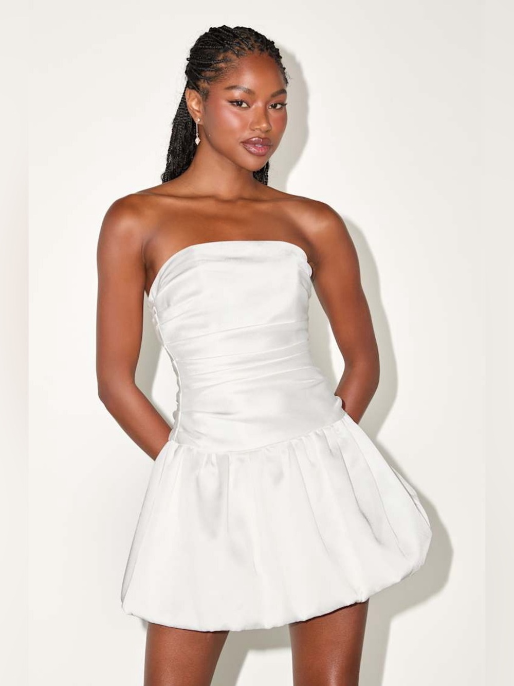 NWT Lulus Stately Stunner White Drop Waist Bubble-Hem Mini Dress | Large